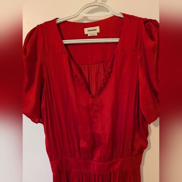 NWOT Zadig & Voltaire Ridge Satin Red Maxi Asymmetrical Dress Puff sz S - Picture 7 of 10